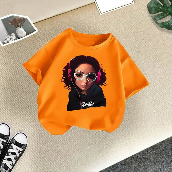 Tfken Toddler Teen Girls Tee Size 9-10 Years Cartoon Print Short Sleeve Tops Comfortable Crew Neck Orange T-Shirts