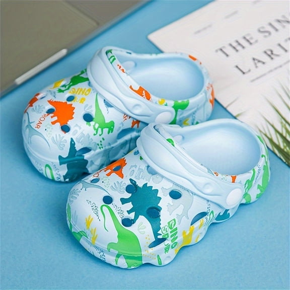 Tfken Toddler Unisex Child Slippers Clogs Eva Dinosaur Print Pool Light Blue Girls Boys Water Shoes Size 10-11 Years