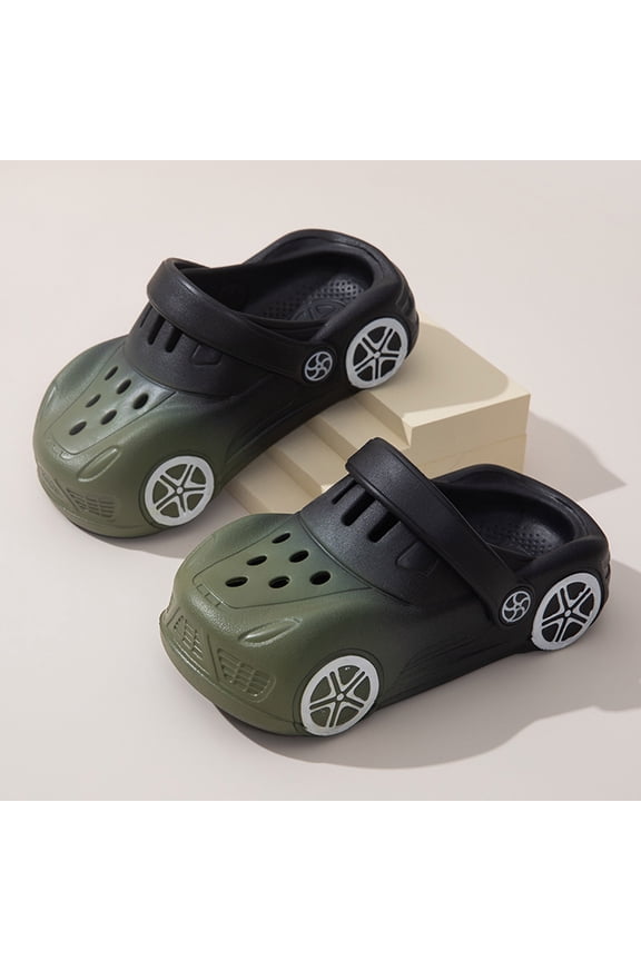 Toddler Unisex Children Garden Clogs Slippers Cartoon Car Print Swivel Ankle Strap Comfortable Non Eva Girls Boys Water Shoes Black Size 18-24 Months