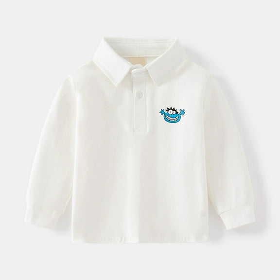 Tfken Tops For Boys Dressy Long Sleeve Lapel Neck Cushy Shirts For Kids Soft Cartoon Print White Tee Size 3-4 Years