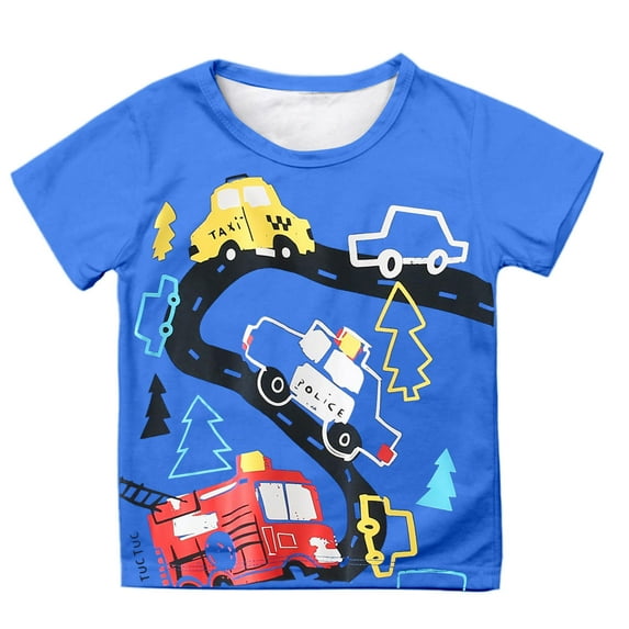Tfken Tops For Boys Toddler Car Print Short Sleeve Tee Summer Cute T-Shirts Size 6-7 Years Blue