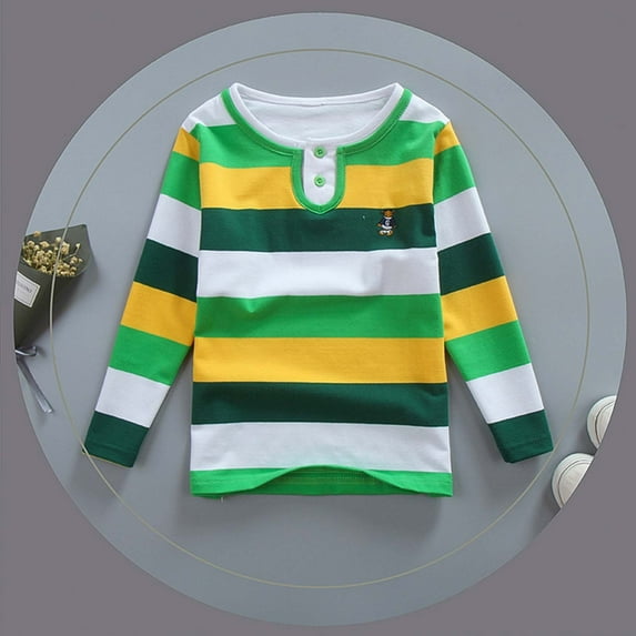Tfken Tops For Boys Toddler Casual Long Sleeve Striped Print Lapel Neck Shirts Green School Uniform Tee Size 1-2 Years