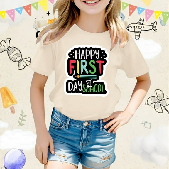 Tfken Tops For Girls Toddler 2025 Letter Print Short Sleeve T-Shirts Back To School Summer Beige Tee Size 10 Years-11 Years