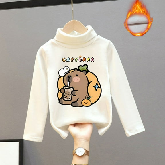 Tfken Tops For Girls Toddler Crew Neck Long Sleeve Capybara Print T-Shirts Fleece Trendy Tee White Size 4-5 Years