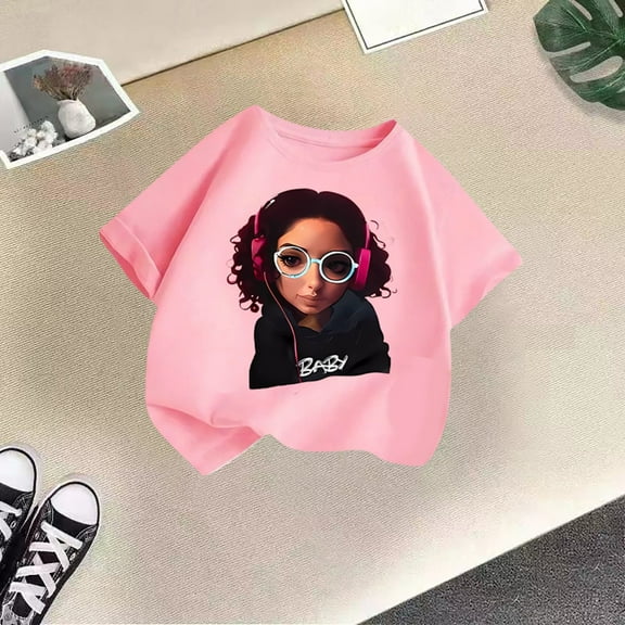Tfken Tops For Girls Toddler Crew Neck Short Sleeve Cartoon Print T-Shirts Fashion Comfortable Tee Pink Size 11-12 Years