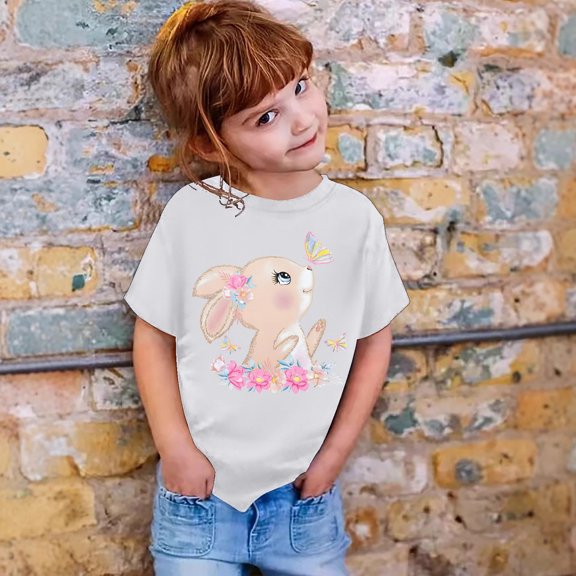 Tfken Tops For Girls Toddler Crew Neck Short Sleeve Rabbit Print Tee Breathable Trendy T-Shirts White Size 4-5 Years
