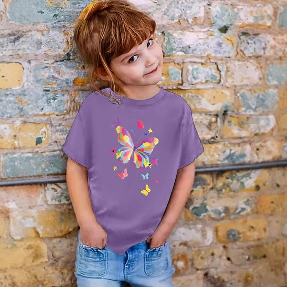 Tfken Tops For Girls Toddler Summer Butterfly Print Crew Neck T-Shirts Short Sleeve Fashion Purple Tee Size 1-2 Years