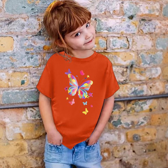 Tfken Tops For Girls Toddler Trendy Butterfly Print Crew Neck Tee Short Sleeve Quick Dry Orange T-Shirts Size 1-2 Years
