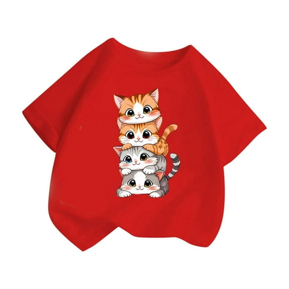 Tfken Tops For Girls Toddler Trendy Crew Neck Short Sleeve T-Shirts Soft Cat Print Red Tee Size 11-12 Years