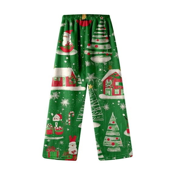 Tfken Trousers For Girls Kids Christmas Print Casual Flannel Sleepwear Straight-Leg Elastic Waist Green Pants Size 8-9 Years