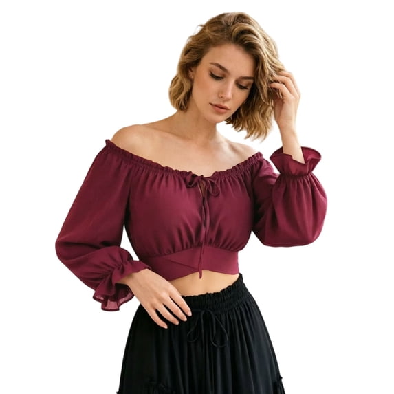 Tfken Tshirts For Women Long Sleeve Summer Off The Shoulder Crop Tees Tops Casual T-Shirts Ladies Fashion Clothes Outdoor Size M Red