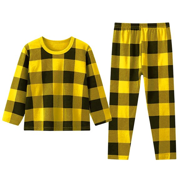 Tfken Unisex Boys Girls Sleepwear Set Size 6-7 Years Loungewear Long Sleeve Crew Neck Plaid Print Soft Indoor Yellow Outfit Set