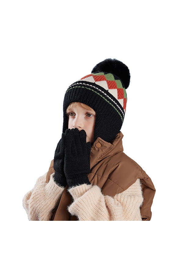 Unisex Kids Boys Girls Hat Outdoor Patchwork Lined Warm Ear Flaps Winter Cap Black