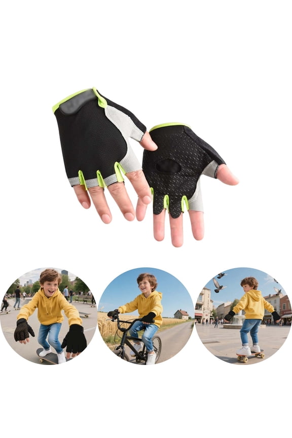 Unisex Kids Dual Sport Gloves For Boys Girls Children Non- Cycling Color Block Spandex Fingerless Green