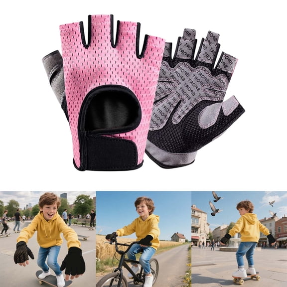 Tfken Unisex Kids Dual Sport Gloves For Boys Girls Children Non- Cycling Patchwork Spandex Fingerless Pink
