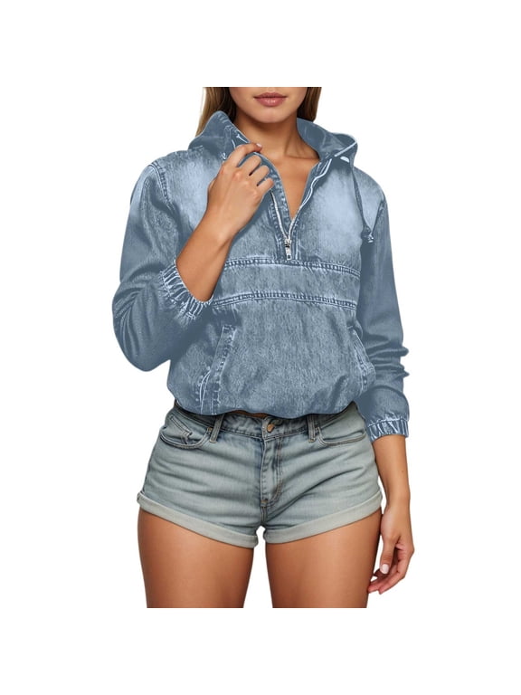 Winter Autumn Sweatshirt Women Pullover Top Relaxed Fit Quarter Zip Denim Hoodie Warm Hooded Sweatshirts With Pockets Fashion Ladies Cute Clothes Blue
