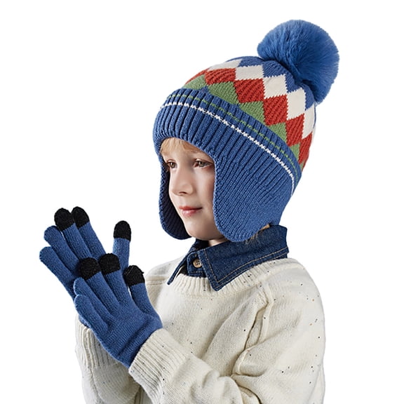 Tfken Winter Cap For Toddler Kids Warm Daily Wear Patchwork Fleece Lined Ear Flaps Blue Hat