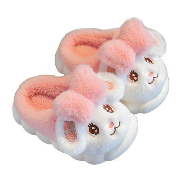 Tfken Winter Slippers For Girls Boys Size 5-5.5 Years Pvc Slip-On Flatform Rabbit Print Home Fleece Pink Slippers