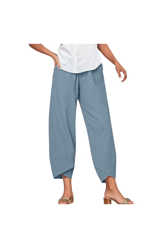 Women Pants For Summer Solid Color Elastic Waist Loose Pants Casual Fashion Daily Wear Female Leisure Clothes Blue