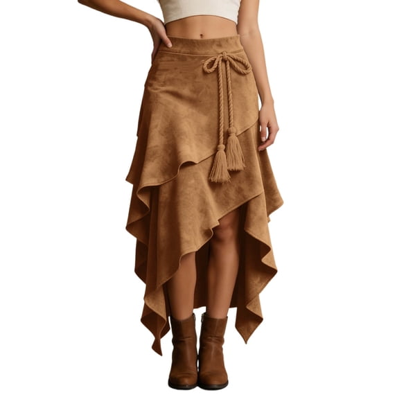 Tfken Women Skirts For Summer Solid Color Ruffles High-Low Handkerchief Skirts With Zipper Fashion Female Classic Clothes Brown