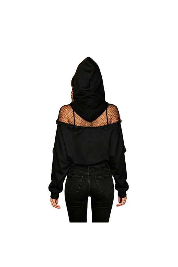 Women Sweatshirt Winter Autumn Pullover Top Relaxed Fit Fashion Hooded Sweatshirt Crop Pullover Hoodie Casual Backless Mesh Ladies Stretchy Clothes Black