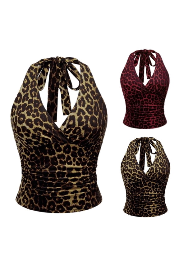 Women Tank Top Casual Shirts Tshirts Sleeveless Leopard Print V Neck Backless Tank Tops Beach Holiday Trendy Vest Tee Summer Ladies T-Shirts Soft Red