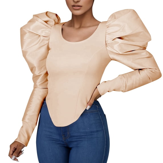 Tfken Women Tshirts For Summer Crew Neck Long Puff Sleeve Solid Color Slim Tops Trendy Female Leisure Shirts Beige