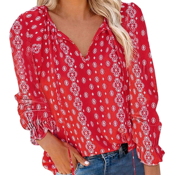 Tfken Women Tshirts For Summer Long Sleeve V Neck Print Loose Tops Trendy Casual Daily Wear Female Leisure Shirts Red