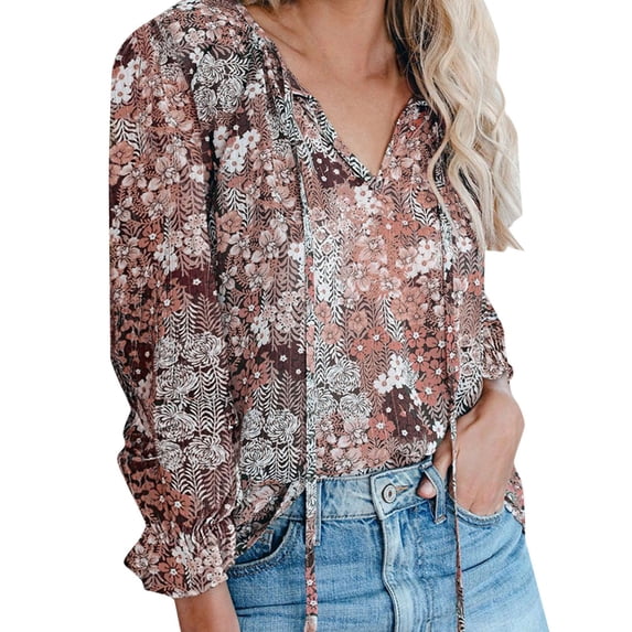 Tfken Women Tshirts For Summer Long Sleeve V Neck Print Loose Tops Trendy Casual Daily Wear Female Soft Shirts Gray