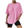 thumbnail image 1 of Tfken Women Tshirts For Summer Solid Color Half Sleeve Crew Neck Tops Casual Fashion Female Leisure Shirts Pink, 1 of 4