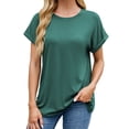 thumbnail image 1 of Tfken Women Tshirts For Summer Solid Color Short Sleeve Crew Neck Tops Trendy Daily Wear Female Leisure Shirts Green, 1 of 5