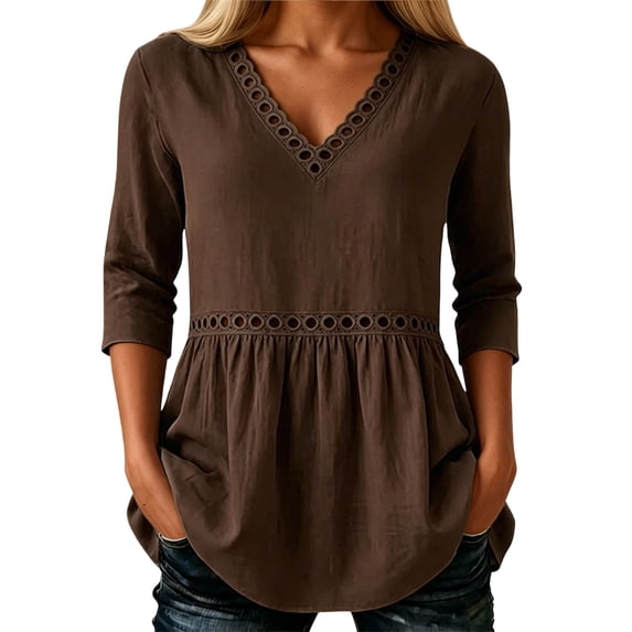 Tfken Women Tshirts Summer Short Sleeve V-Neck Tops Tees Loose Casual T-Shirts Ladies Comfy Clothes Outerwear Size L Brown