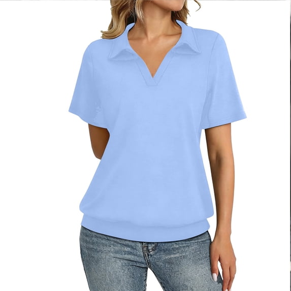 Tfken Women Tshirts Summer Short Sleeve V-Neck Tops Tees Loose Casual T-Shirts Ladies Trendy Clothes Outwear Size M Blue