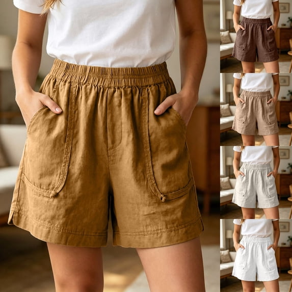 Tfken Womens High-Waisted Basic Shorts Stretch Stretchy Summer Linen Casual Shorts Wide-Leg Pockets Short Pants Elastic Waist Ladies Comfy Vacation Clothes Beige