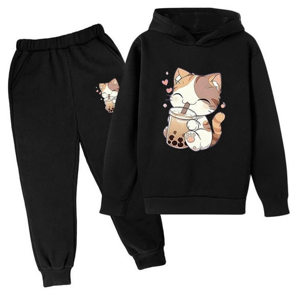Tfken child girls outfit set 2Pc Long Sleeve Cat Print Sweatshirt Pant winter Black outfits sets Size 9-10 Years