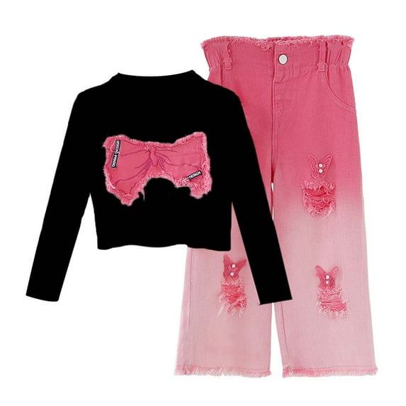 Tfken child girls outfits sets Bow Print fashion Sweatshirt Pant 2Pc Long Sleeve Casual Black clothing set Size 8-9 Years