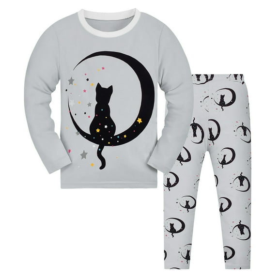 Tfken outfits sets for child girls Crew Neck Long Sleeve Cat Print Casual Sweatshirt Pant 2Pc daily wear outfit set Grey Size 2-3 Years