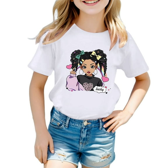 Tfken tee for girs Toddler Cute Cartoon Print Short Sleeve T-shirts Summer Fashion Crew Neck soft Tops White Size 7-8 Years