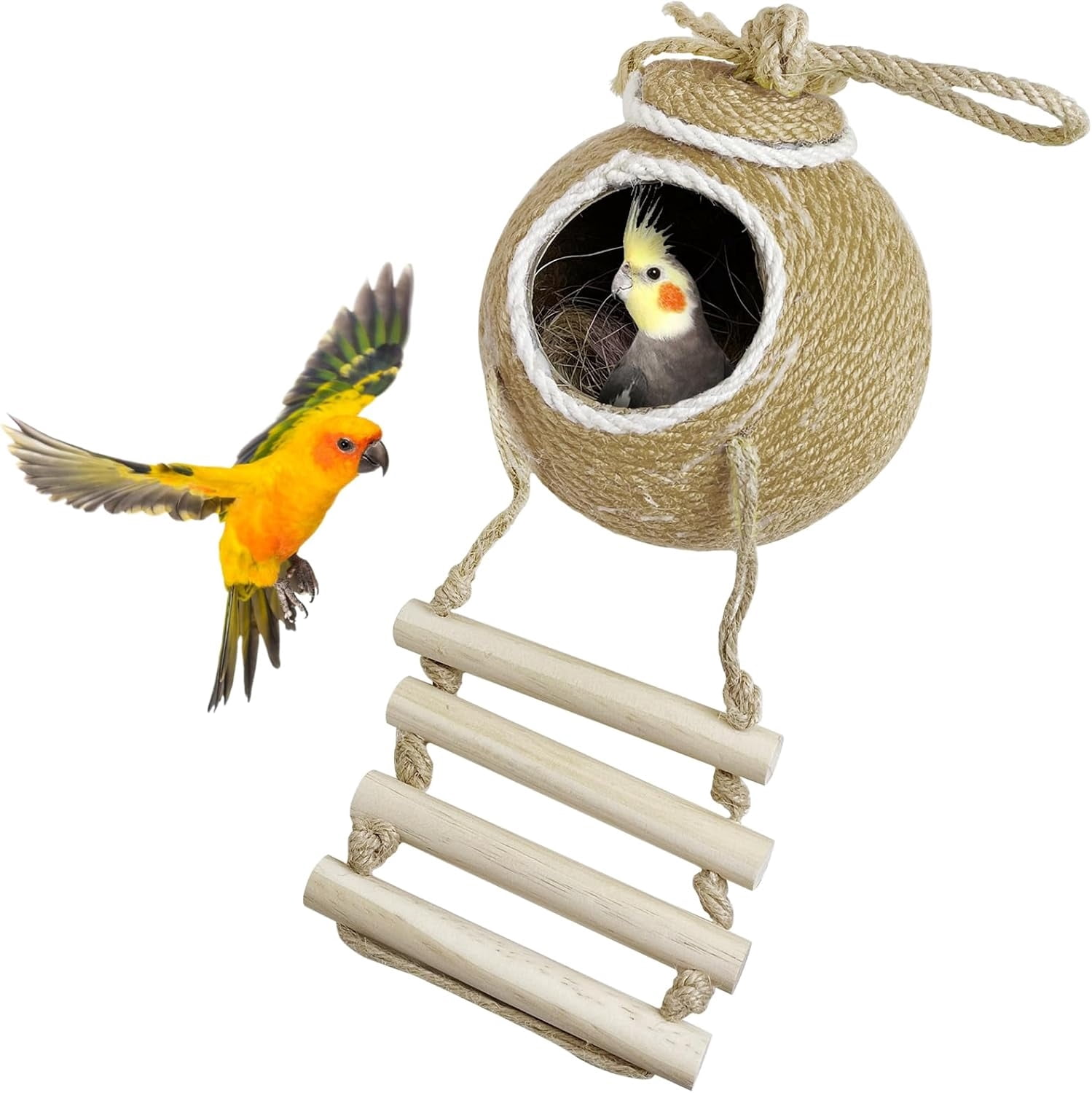 Bird Shell Tfwadmx Coconut Hide with Ladder, Natural Coconut Fiber Hanging ...