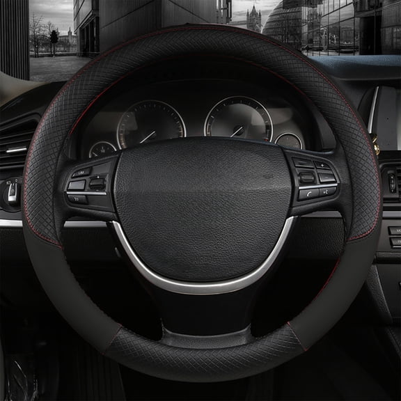 Tgbvmt 15.35 Inch Leather Car Steering Wheel Cover Four Season Universal Breathable Material Anti Slip Diamond Texture Embossed Design Fit for Thousands of Vehicle Models Auto Interior Accessory