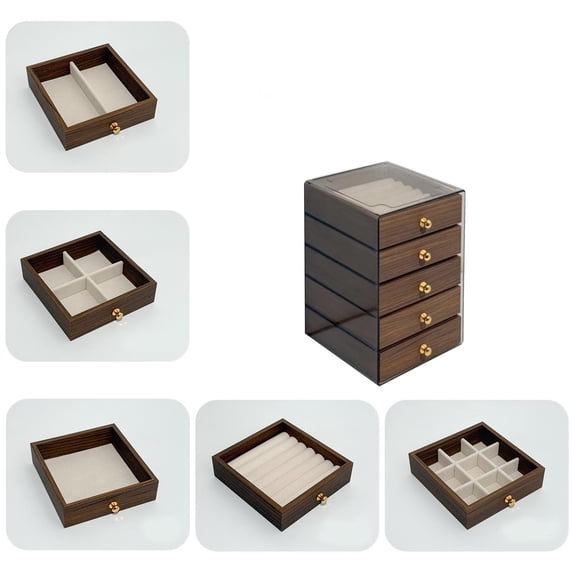 Tgbvmt 5-Layer Walnut Wood Jewelry Box Visible Clear Storage Organizer Multi-Grid Tray For Rings Earrings Necklaces Bracelet Watches Stylish Home Decor Gift For Valentine's Day Birthday Dresser Decor