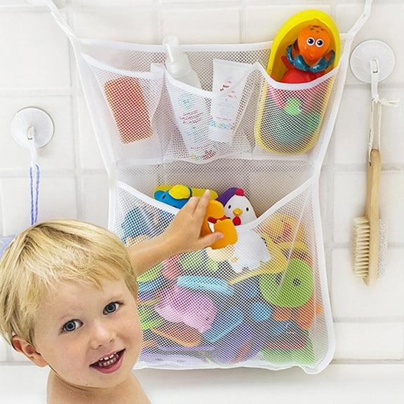 Tgbvmt Bath Toy Storage Hanging Mesh Bag Polyester Washable Reusable Suction Cup Installation Fun Kids Bathroom Organizer Teaches Tidy Habits Attaches to Bathtub Tiles Holds Bath Toys Accessories