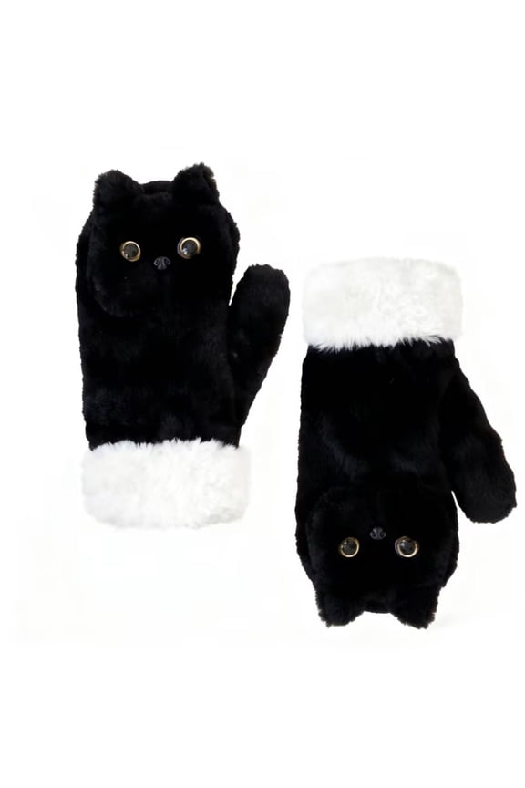 Black Cat Plush Winter Gloves Double Layer Windproof Faux Rabbit Fur Lined Anti Lost Lanyard 3D Cat Design for Cycling Daily Commute Winter Outdoor Travel Cold Weather Warmth Fashion Gloves