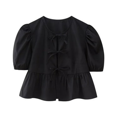 Tgbvmt Blouses For Womens Bubble Short Sleeved Womens Tops Solid Color T-Shirts Pleated Hem Blouses Crew Neck Shirts Drawstring Tees Tops Cardigan Jacket Travel Coat On Sale Clearance