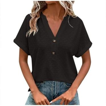 Tgbvmt Blouses For Womens Dressy V Neck Ladies Tops Elegant Solid Color T-Shirts Plus Size Tees Shirts Loose Short Sleeved Pullover Casual Button Shirts Breathable Tops Flash Deals
