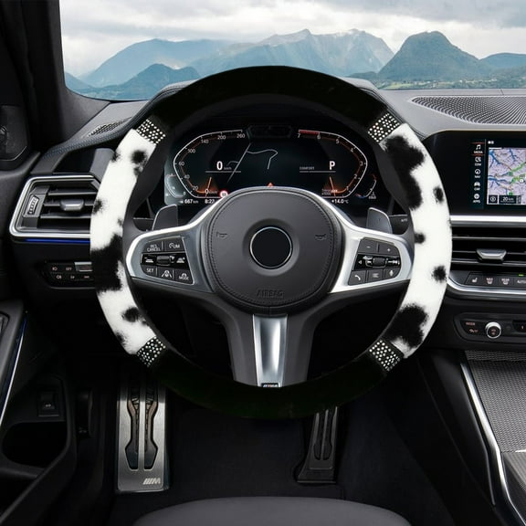 Tgbvmt Cow Lint Steering Wheel Cover for Winter Comfort, Soft Material with Rhinestone Accents, Stylish and Cozy Grip for Cold Weather, Easy Installation for Women Drivers