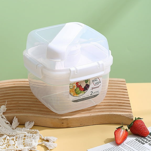 Tgbvmt Double Layer Bento Box Sealed Fresh-Keeping Fruit Salad Box Microwave-Safe Lightweight Compact with Seasoning Box Fork Cutter for Office Work Picnics Family Meal Travel Food Storage Container
