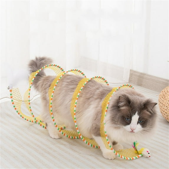 Tgbvmt Foldable Tunnel Toy for Indoor Cats, S-Shaped Design with Elastic Mesh, Interactive Toy with Mice and Feathers for Hunting Fun, Promotes Exercise Alleviates Anxiety, Portable Easy to Store