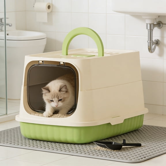 Tgbvmt Fully Enclosed Plastic Cat Litter Box With Lid Extra Large Space Splash-Proof Odor Isolation Litter Pan With Shovel Non-Slip Burr-Free For Indoor Cats Kittens Toilet Supplies Decor Favors