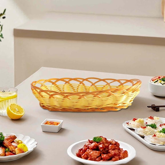 Tgbvmt Imitation Rattan Woven Snack Fruit Basket Popcorn Basket French Fries Serving Tray Durable Plastic Decorative Organizer for Kitchen Home Office Storage Small Medium Large